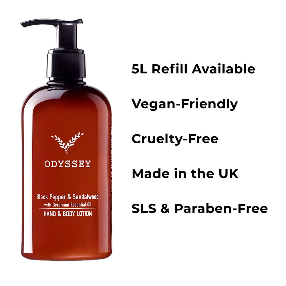 Odyssey Black Pepper & Sandalwood Hand & Body Lotion 300ml benefits