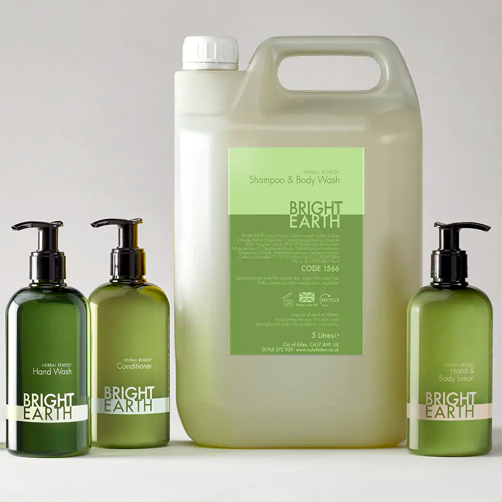Bright Earth shampoo, conditioner, hand wash refills, and large bottle on a white background