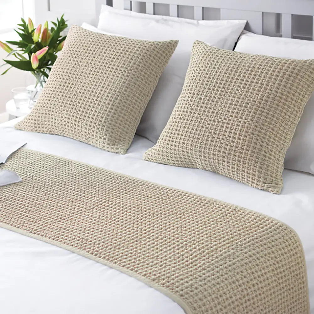 Beige Hampton bedding runner - honeycomb weave - in lifestyle setting