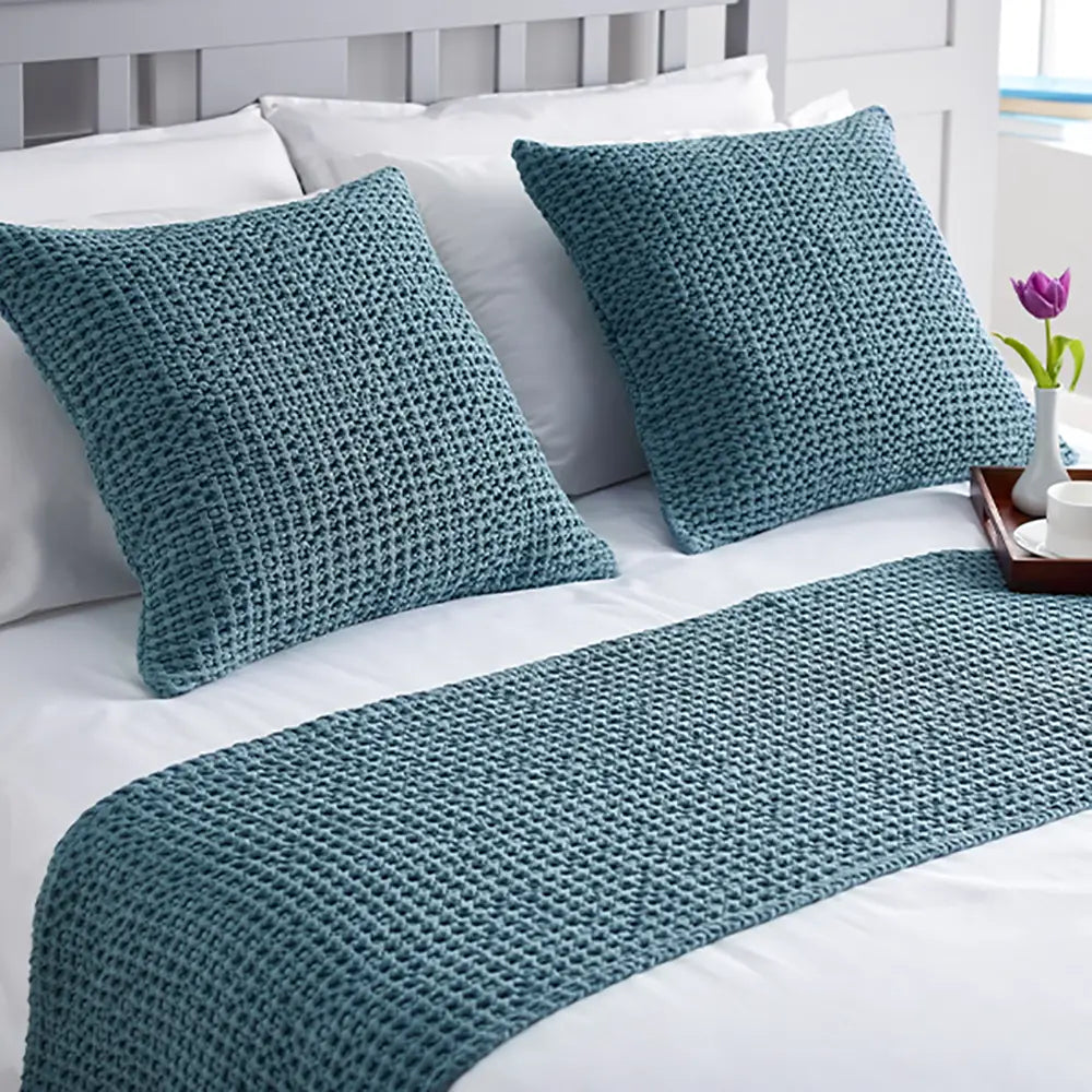 Smoky blue Hampton bedding runner - honeycomb weave - in lifestyle setting