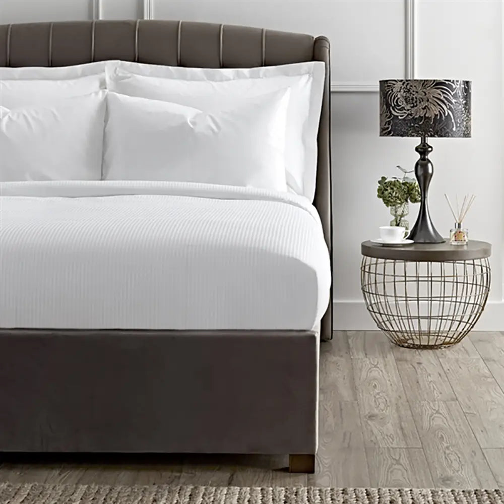 Luxury Cotton Micro Stripe 300 Thread Count Flat Sheet in bedroom lifestyle setting