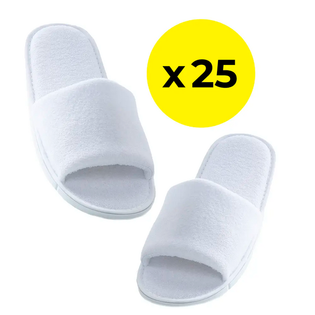 Two white slippers with a yellow circle and 'x25' text on a white background