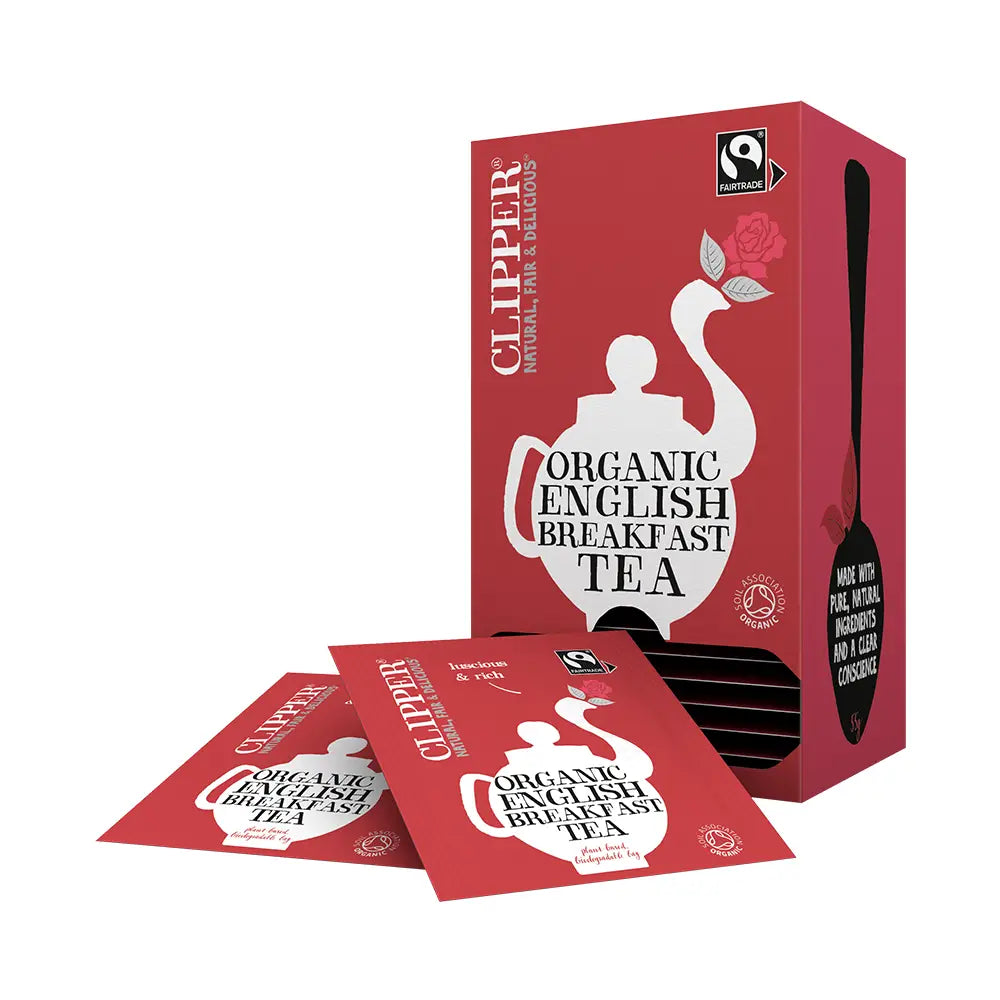 Clipper Organic English Breakfast Tea packaging on a white background