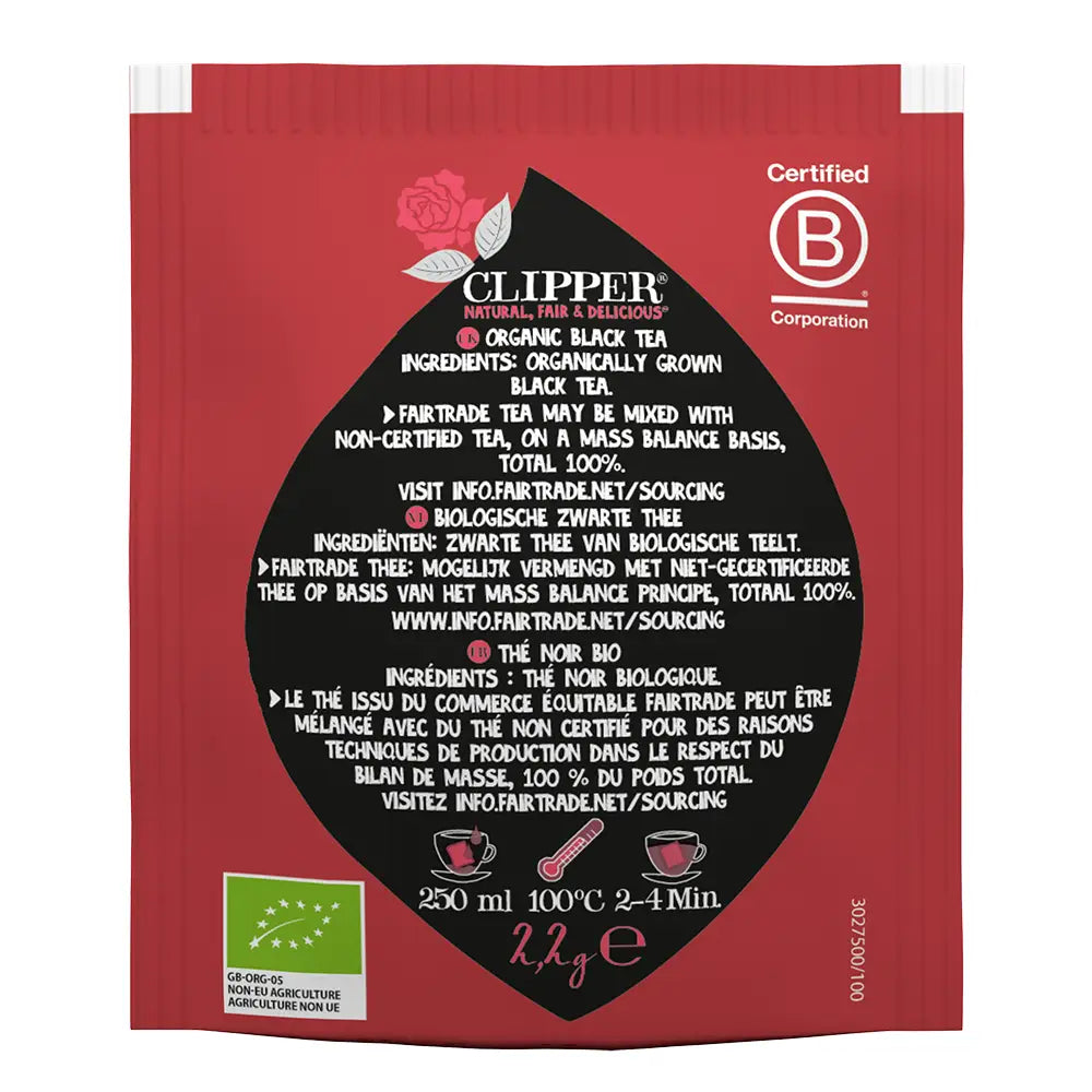The back of Clipper Organic English Breakfast Tea package on a white background