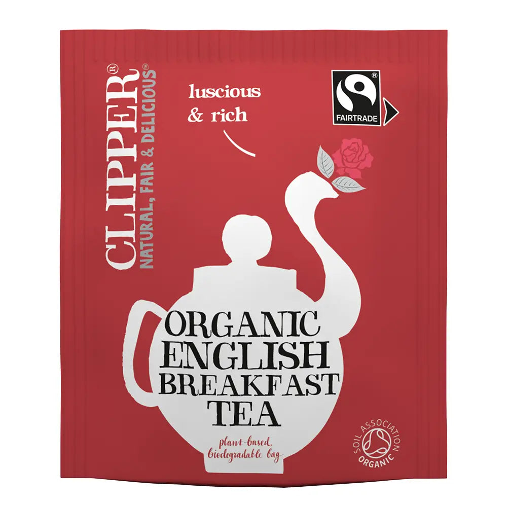 Clipper Organic English Breakfast Tea package on a white background
