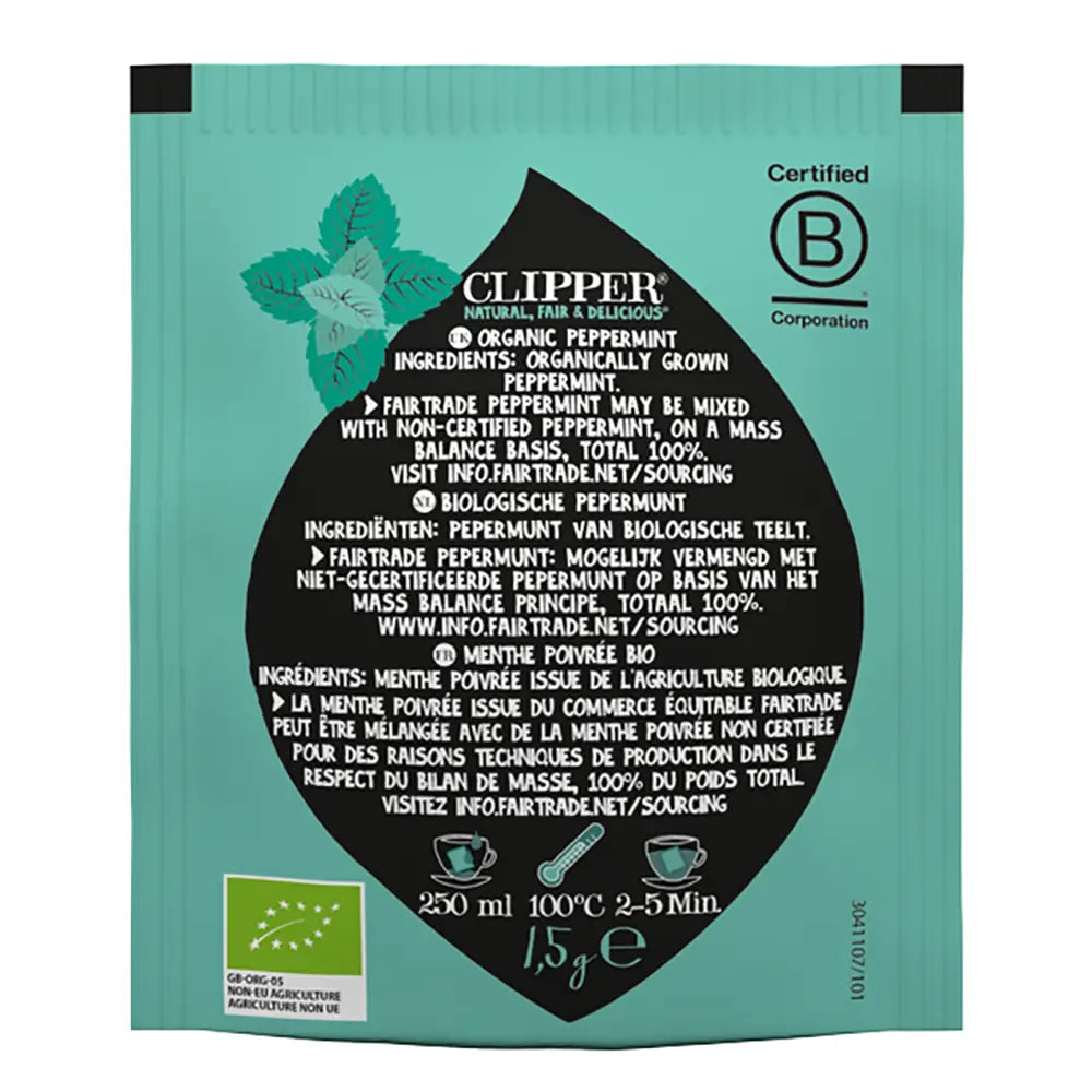 Back of Clipper Fairtrade Organic Peppermint Tea Bags - Tag & Envelope pack of 25