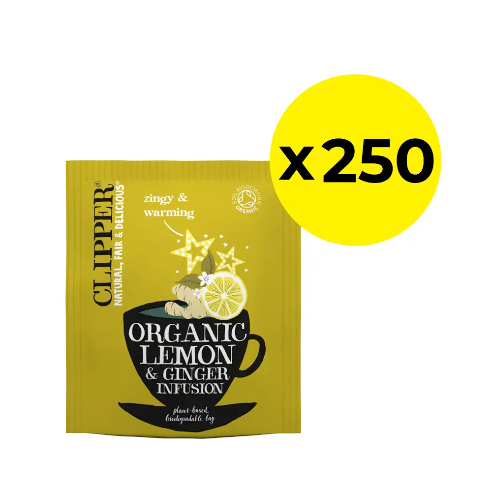 Clipper Organic Lemon & Ginger Infusion package displaying 250 pack