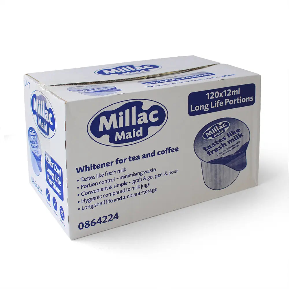 A box of 120 mini pots of Millac Maid Tastes Just Like Fresh Milk