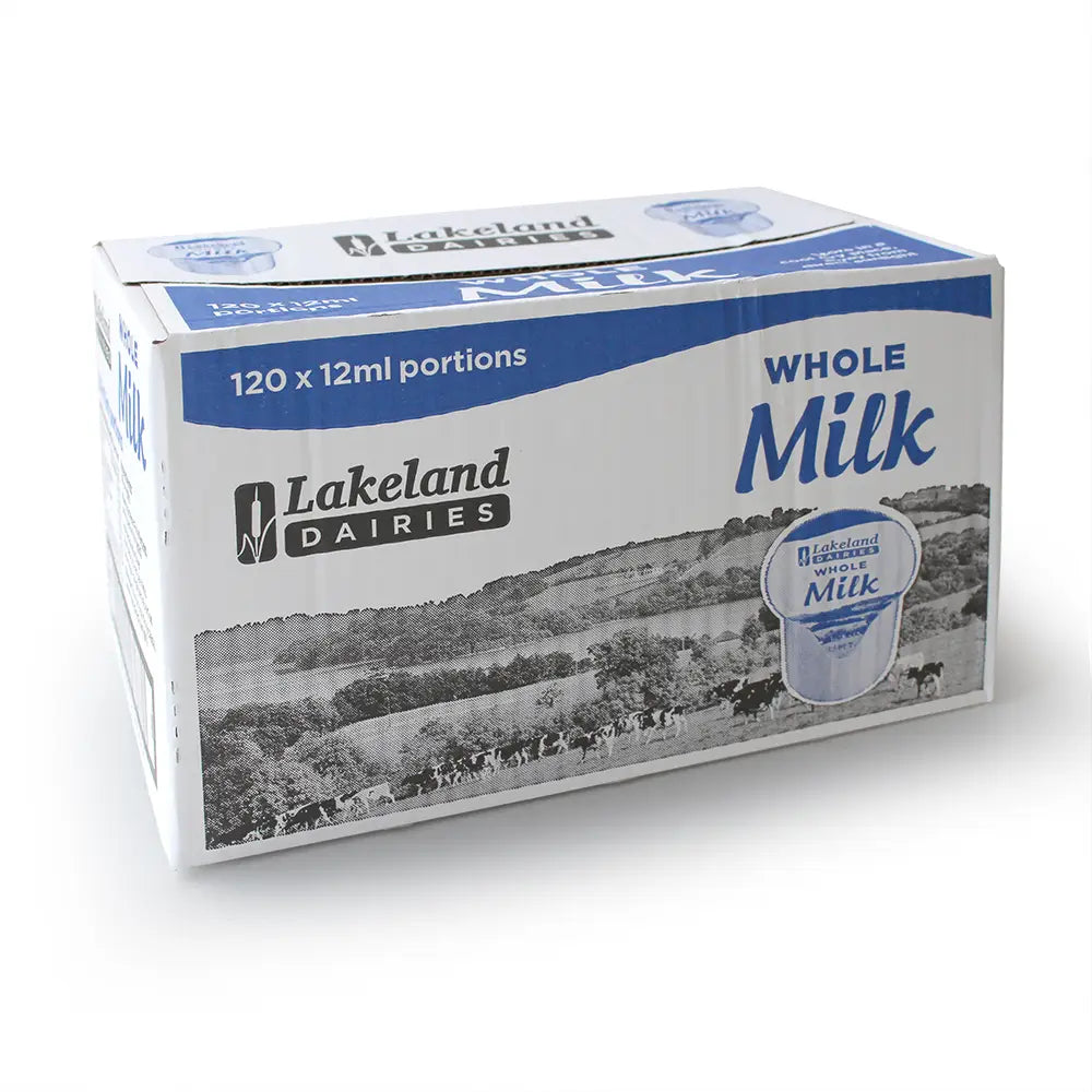 A box of 120 mini pots of Lakeland Dairies Whole Milk