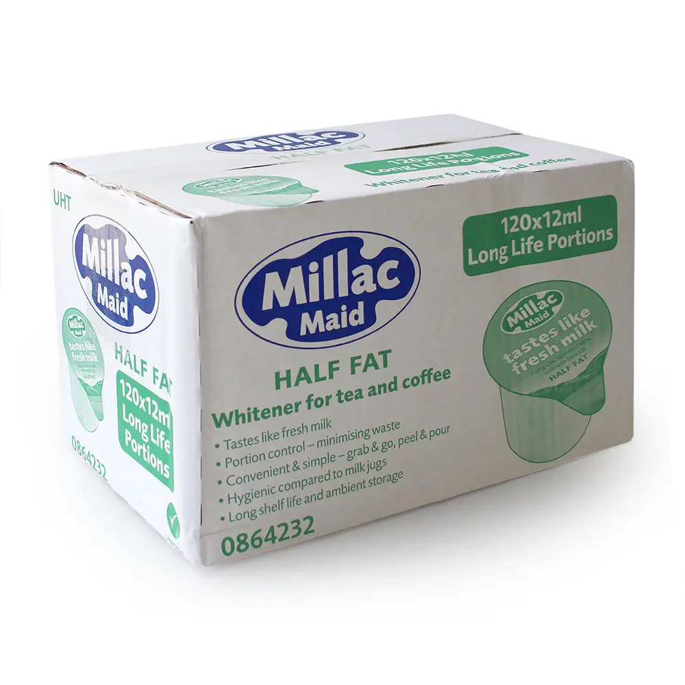 A box of 120 Pots of Millac Maid Half Fat Tastes Just Like Fresh Milk Mini Pots