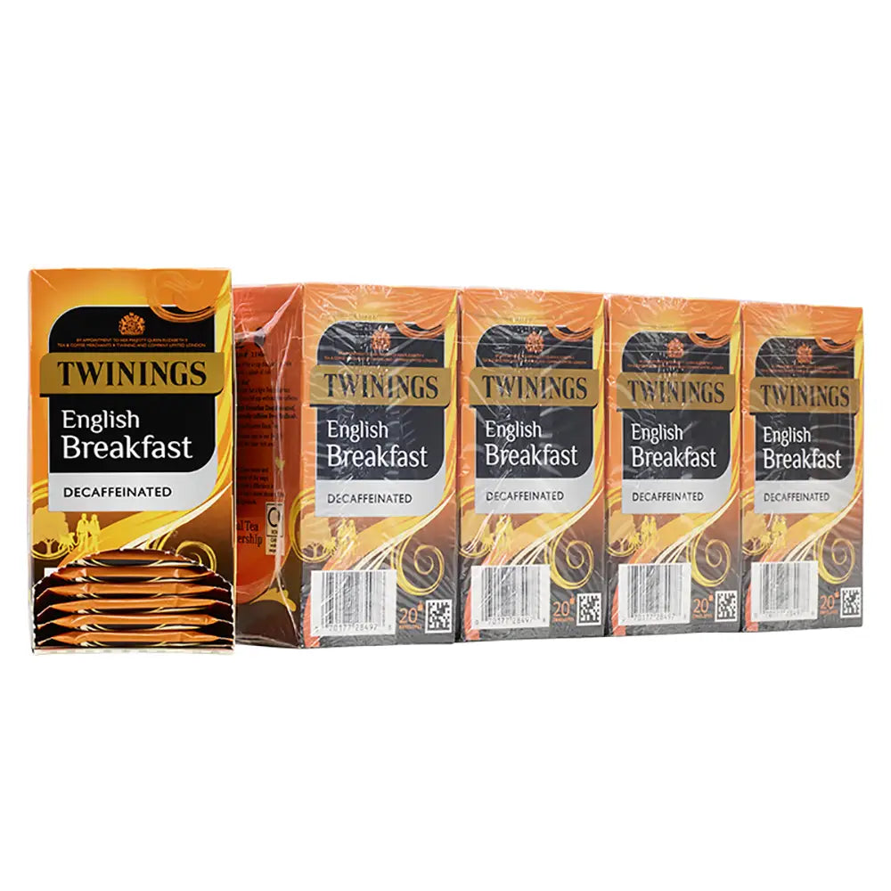 Twinings English Breakfast Decaffeinated tea box package on a white background