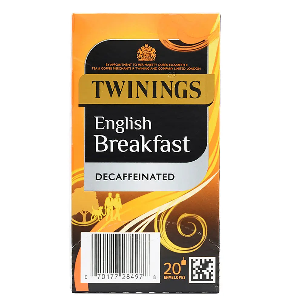 Twinings English Breakfast Decaffeinated tea box package on a white background