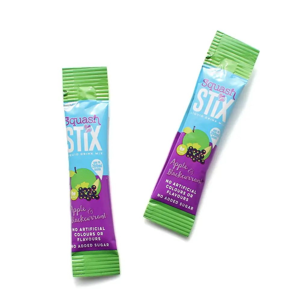 Two Apple and Blackcurrant Stix packets on a white background