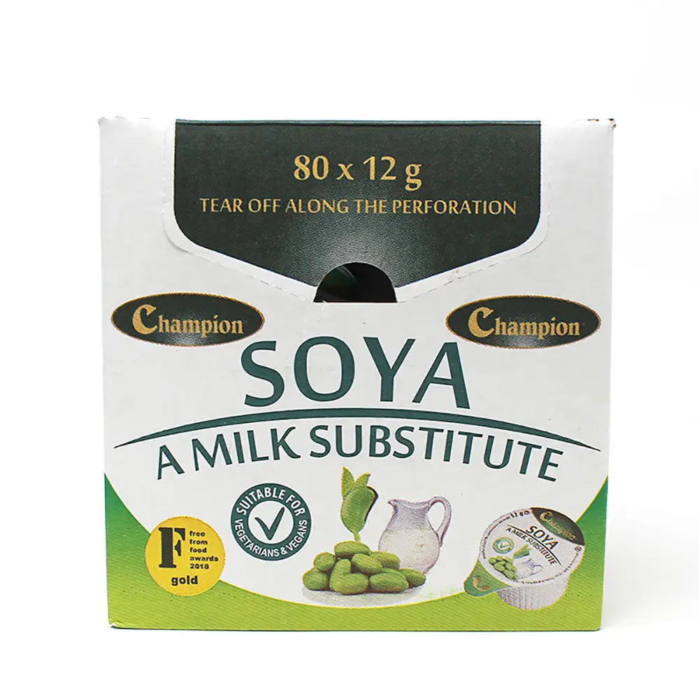 80 pack Box of 12g Champion Soya Milk Substitute on a white background