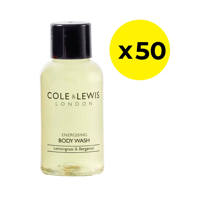 30ml bottle of Cole & Lewis lemongrass and bergamot body wash on a white background - pack of 50