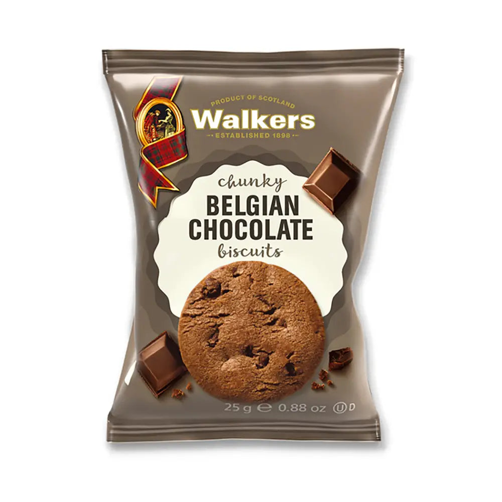Twin pack of Chunky Belgian Chocolate Biscuits from Walkers wrapped in a brown foil-lined wrapper.