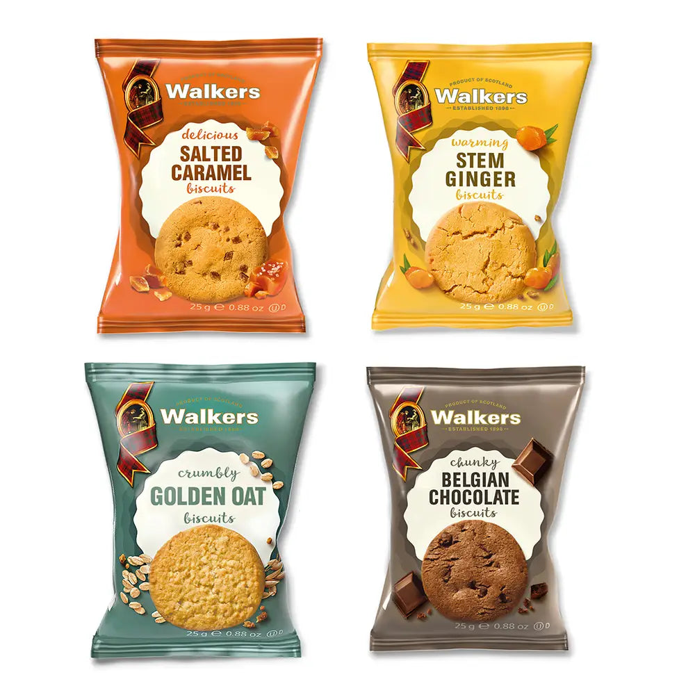 Four packs of Walkers Biscuit Twin Packs. Assortment contains Delicious Salted Caramel wrapped in an orange foil-lined wrapper, Warming Stem Ginger wrapped in a yellow foil-lined wrapper, Crumbly Golden Oat wrapped in a blue foil-lined wrapper and Chunky Belgian Chocolate in a brown foil-lined wrapper.