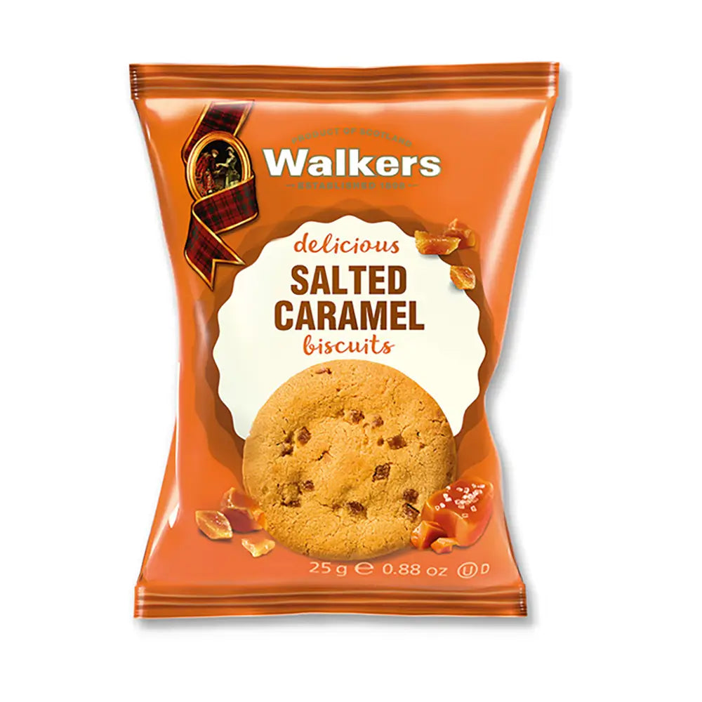 Delicious Salted Caramel Biscuits from Walkers - orange foil lined packet contains two tasty biscuits perfect for delighting guests at hotels, B&Bs and holiday lets.