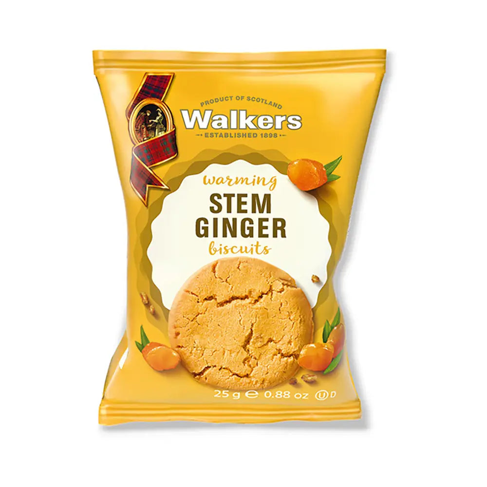 Warming Stem Ginger Biscuits from Walkers - yellow foil lined packet contains two delicious biscuits perfect for delighting guests at hotels, B&Bs and holiday lets.