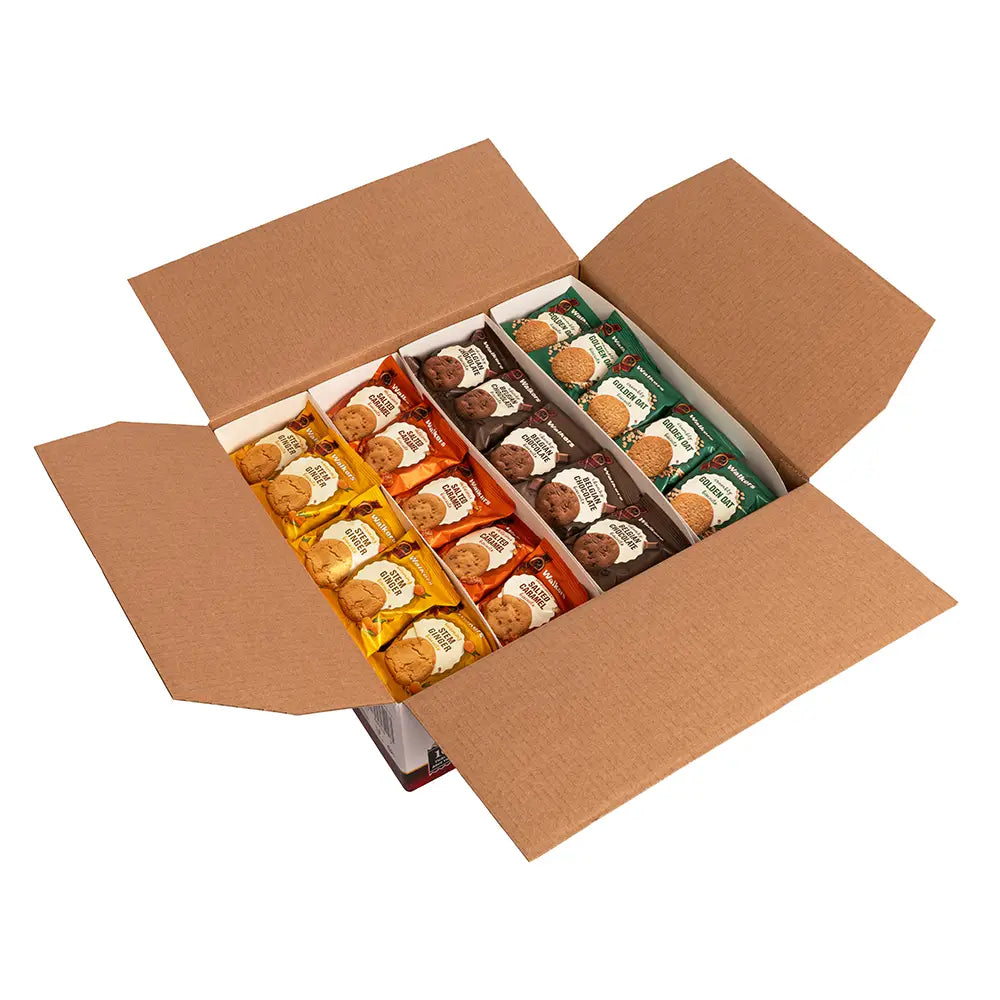 Open Box of 100 Walkers Twin Pack Biscuits. Box contains 25 Golden Oat, 25 Belgian Chocolate, 25 Salted Caramel and 25 Stem Ginger Biscuit Twin Packs.