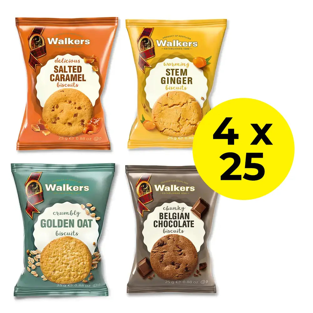 25 Packs of 4 flavours of Walkers biscuit. Box of 100 includes 25 Salted Caramel, 25 Stem Ginger, 25 Golden Oat and 25 Belgian Chocolate Biscuit Twin Packs