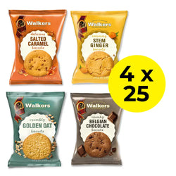 25 Packs of 4 flavours of Walkers biscuit. Box of 100 includes 25 Salted Caramel, 25 Stem Ginger, 25 Golden Oat and 25 Belgian Chocolate Biscuit Twin Packs