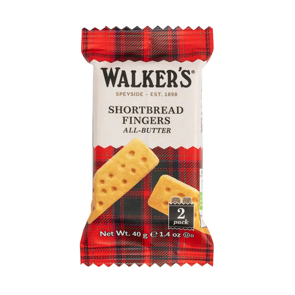 A twin pack of Walker's All-Butter Shortbread Fingers wrapped in a tartan wrapper. Package shows two rectangular, traditional style shortbread fingers marked with signature circular fork marks along the top of each biscuit. Net weight 40g.