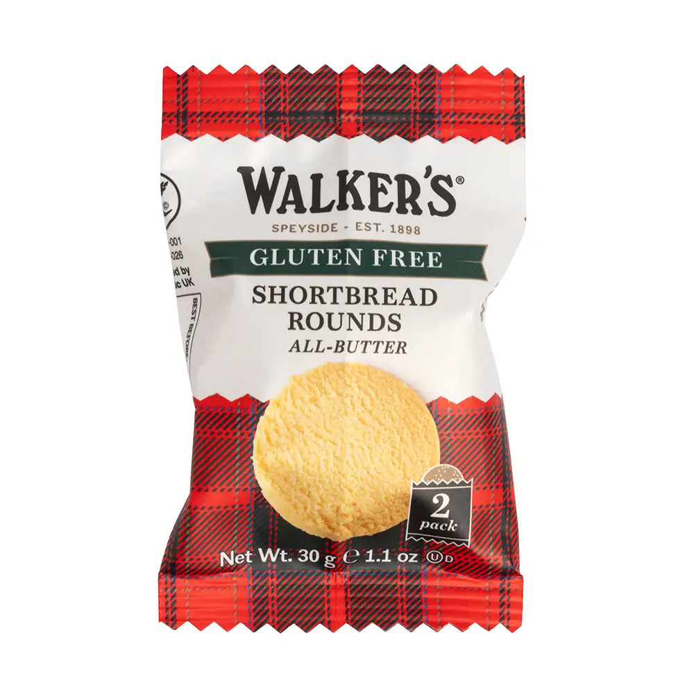 Walker's Gluten Free Shortbread rounds made with an all butter recipe wrapped as a twin pack in a traditional red tartan wrapper showing one baked biscuit in the centre. Net weight 30g.