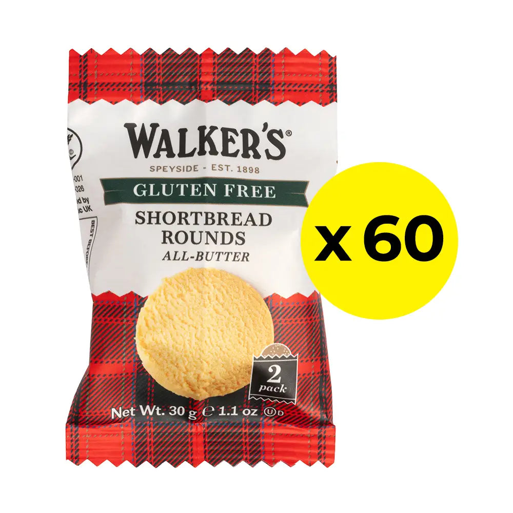 60 Walkers Gluten Free Shortbread Rounds made with an all-butter, traditional recipe