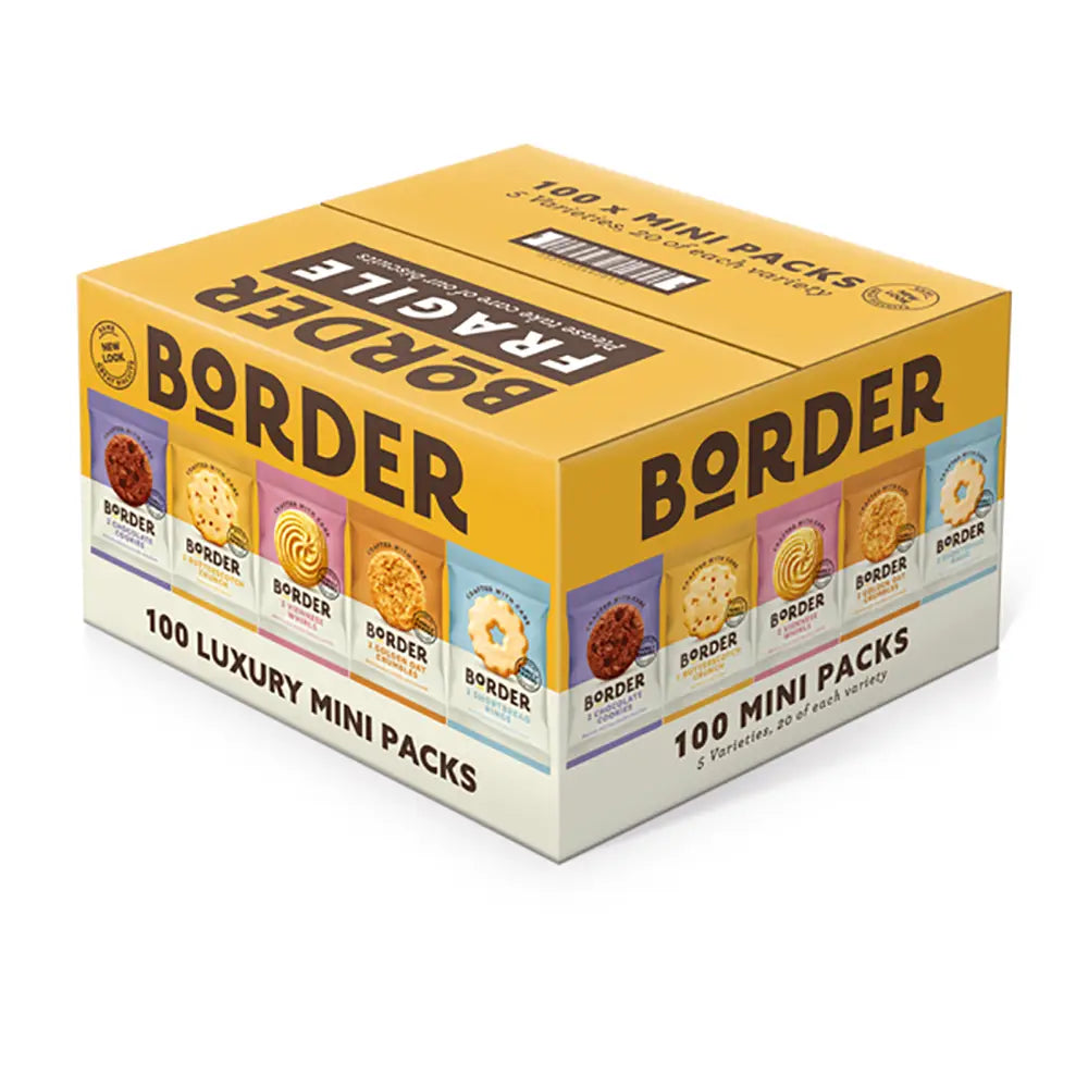 A carton of Border Biscuits twin pack with five different varieties, including Butterscotch Crunch, Chocolate Cookies, Shortbread Rings, Viennese Whirls, and Golden Oat Crumbles. The pack contains 100 30g mini packs.