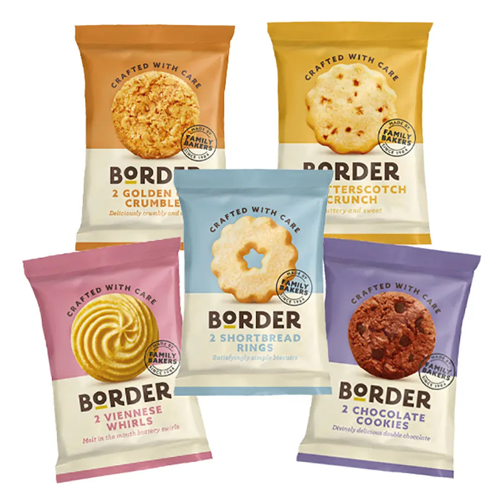 Five different variety border twin pack biscuit flavours, including Butterscotch Crunch, Chocolate Cookies, Shortbread Rings, Viennese Whirls, and Golden Oat Crumbles