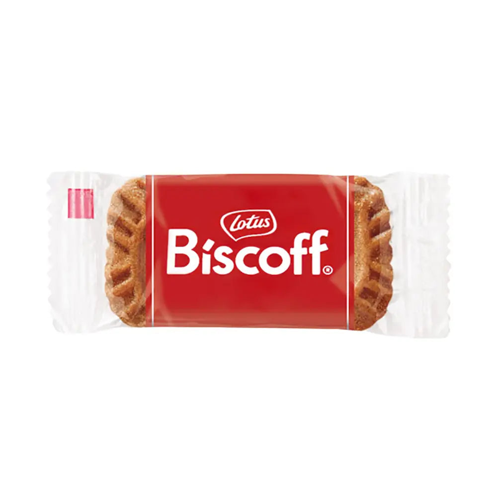 Packaged Biscoff cookie with red label on a white background