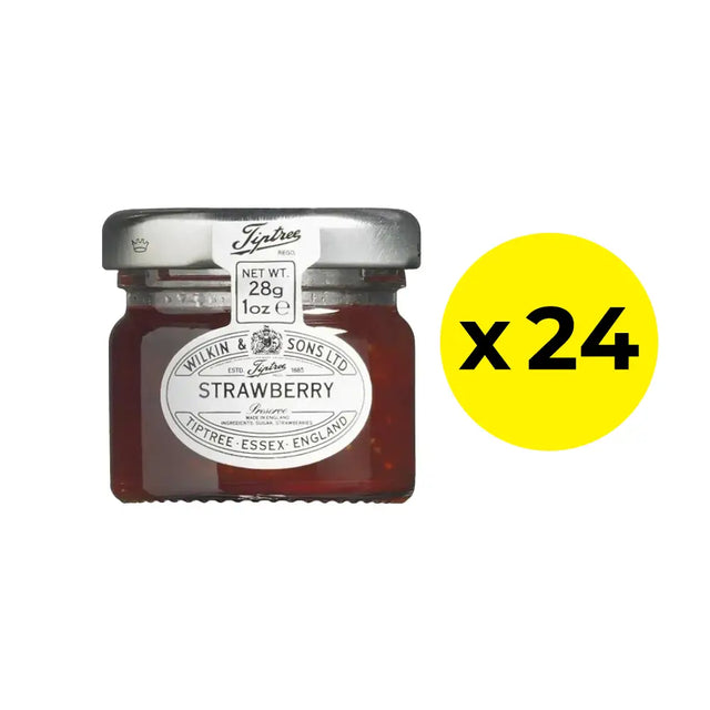 Jar of Tiptree strawberry jam with a yellow circle displaying 'x24' pack on a white background