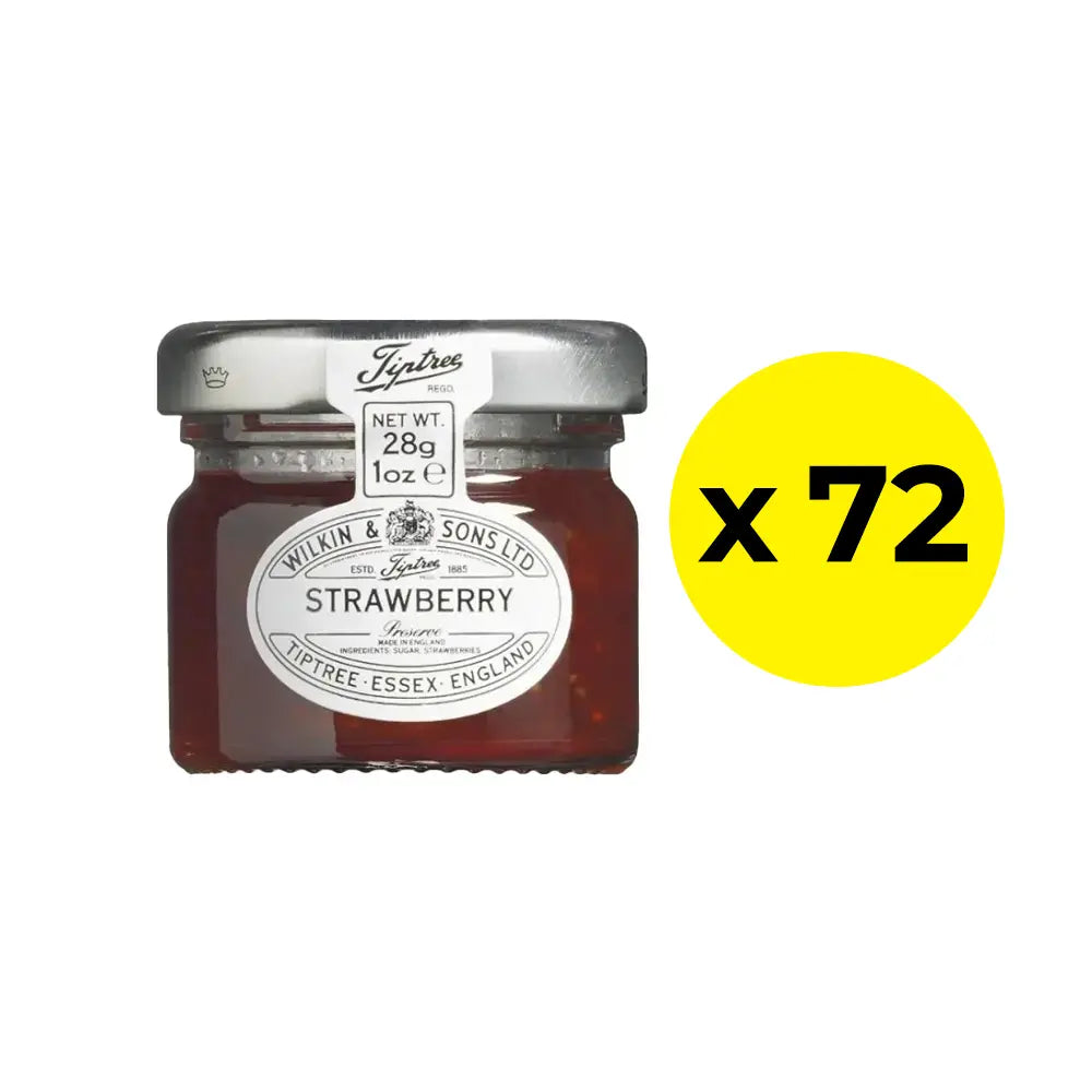 Jar of Tiptree strawberry jam with a yellow circle displaying 'x72' pack on a white background