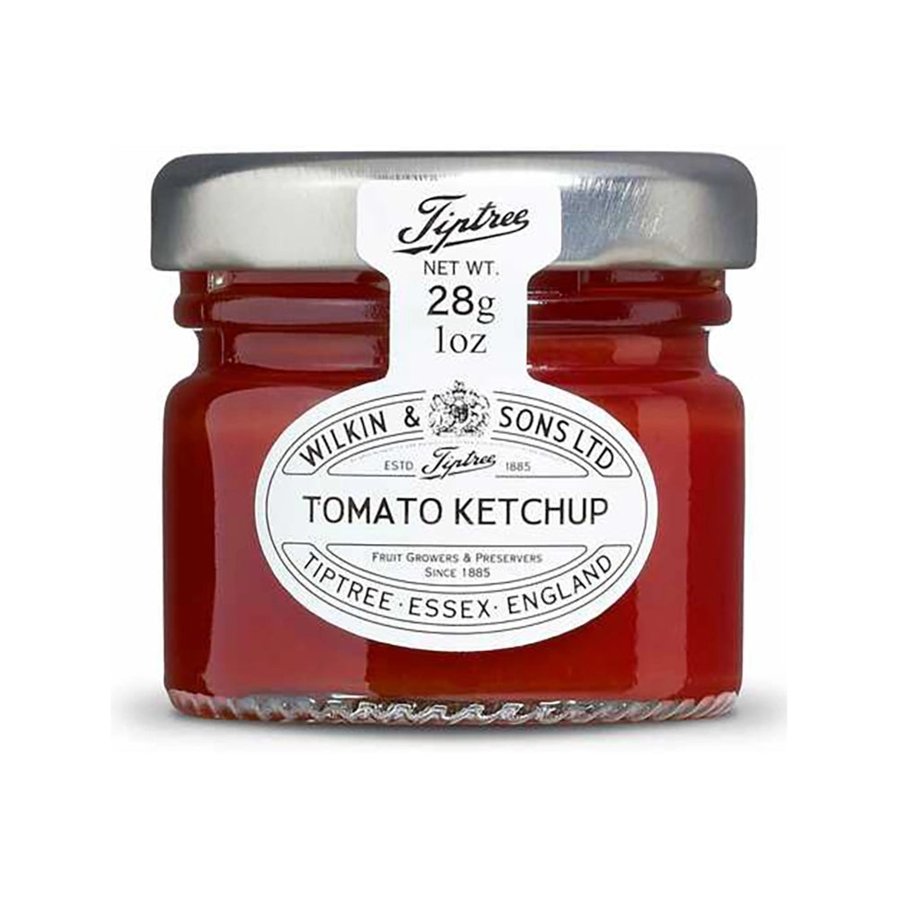 Small jar of Tiptree Tomato Ketchup on a white background