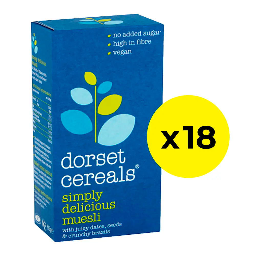Box of Dorset Cereals Simply Delicious Muesli with a yellow circle indicating sold as a pack of 18 boxes inside.