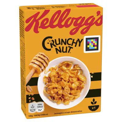 Kellogg's Crunchy Nut cereal box with a bowl of cereal and honey on a white background