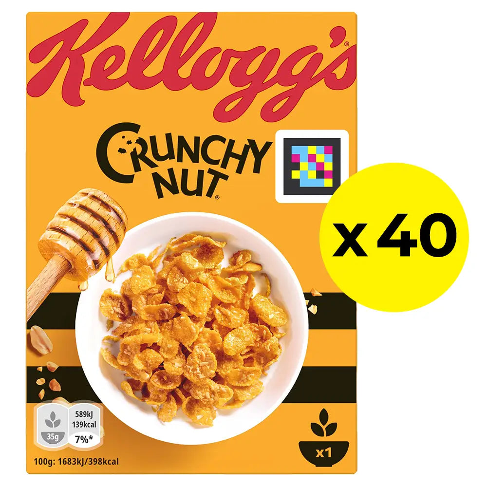 Kellogg's Crunchy Nut cereal box with a bowl of cereal and honey dipper on a yellow background
