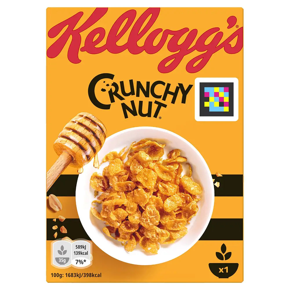 Kellogg's Crunchy Nut cereal box with a bowl of cereal and honey dipper on a yellow background
