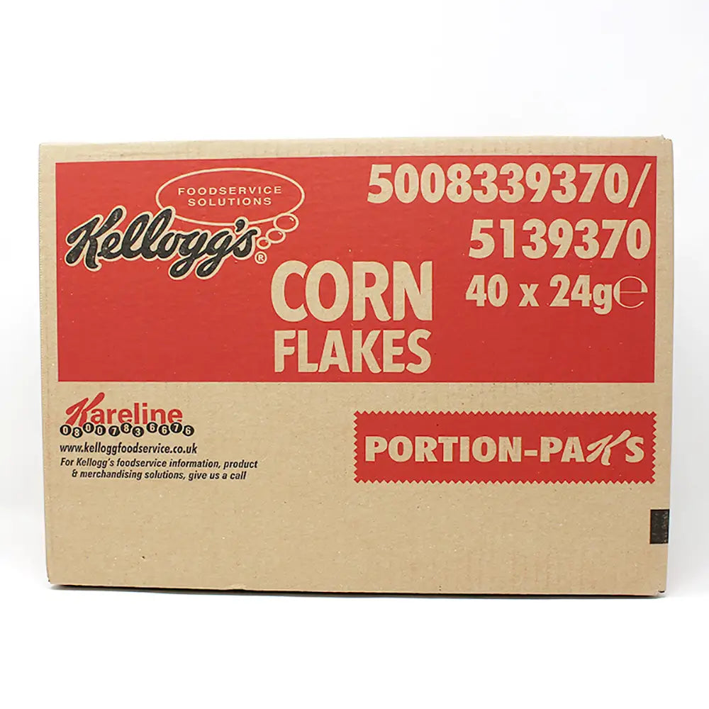 Box of Kellogg's Corn Flakes portion packs on a white background