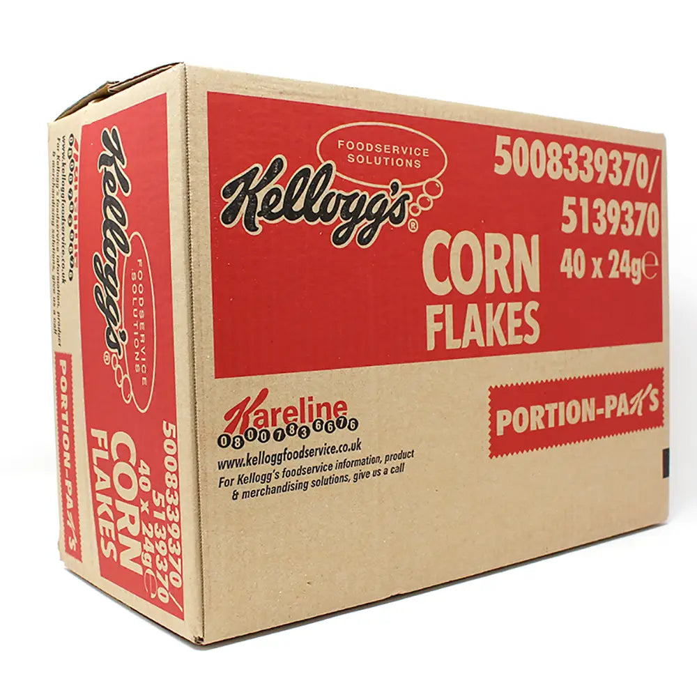 Multipack cardboard box of Kellogg's Corn Flakes portion packs on a white background