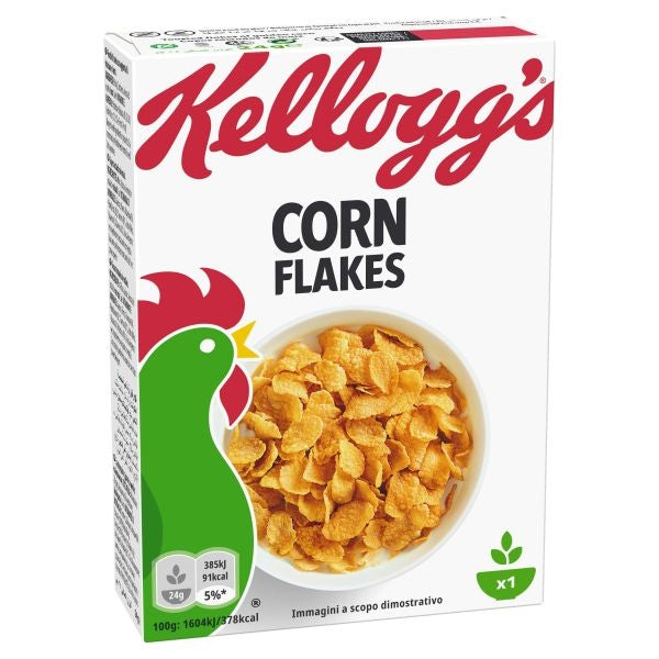 Box of Kellogg's Corn Flakes with the logo and a picture of the cornflakes in a bowl on the front.