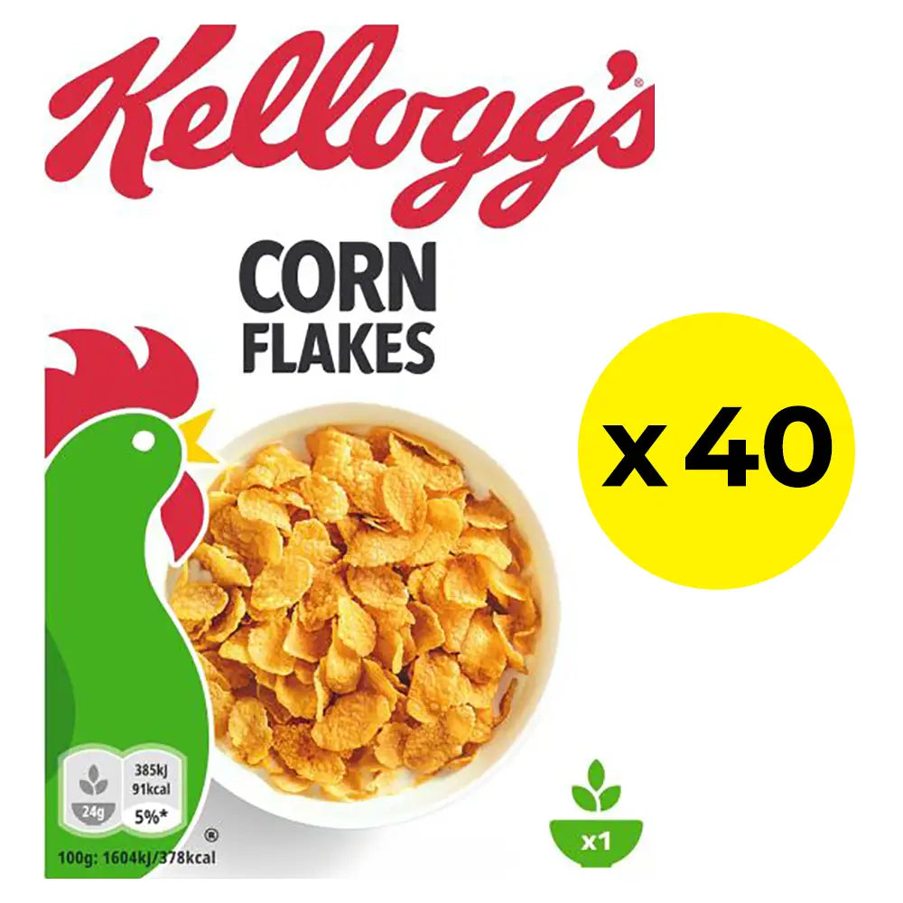 Kellogg's Corn Flakes packaging with a bowl of cereal and a green rooster logo on a white background - displaying 40 pack in box