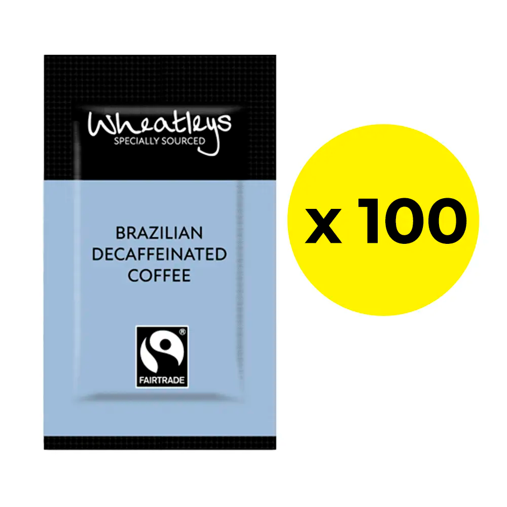 Wheatleys Brazilian Decaffeinated Coffee package with a yellow circle indicating packs of 100
