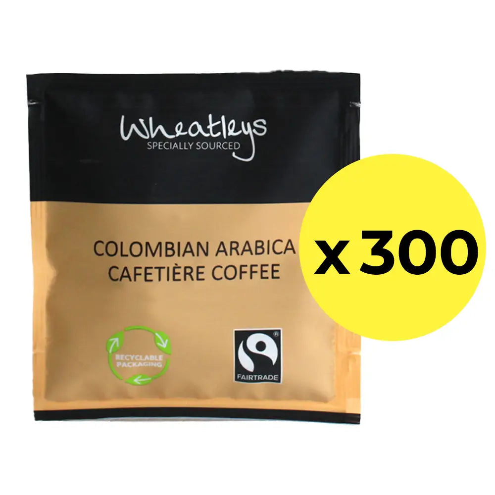 Wheatleys Colombian Arabica Cafétière Coffee package with a yellow circle indicating 300 units on a white background.