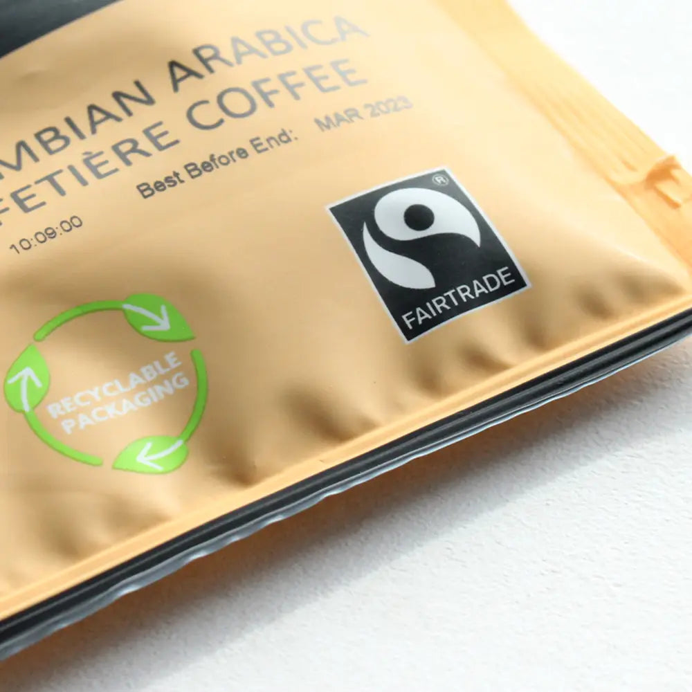 Wheatleys Colombian Arabica Cafetiere Coffee with Fairtrade and recyclable packaging on a light background