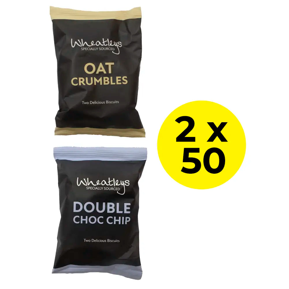 Oat Crumbles packet of biscuits and Double Choc Chip packet of biscuits