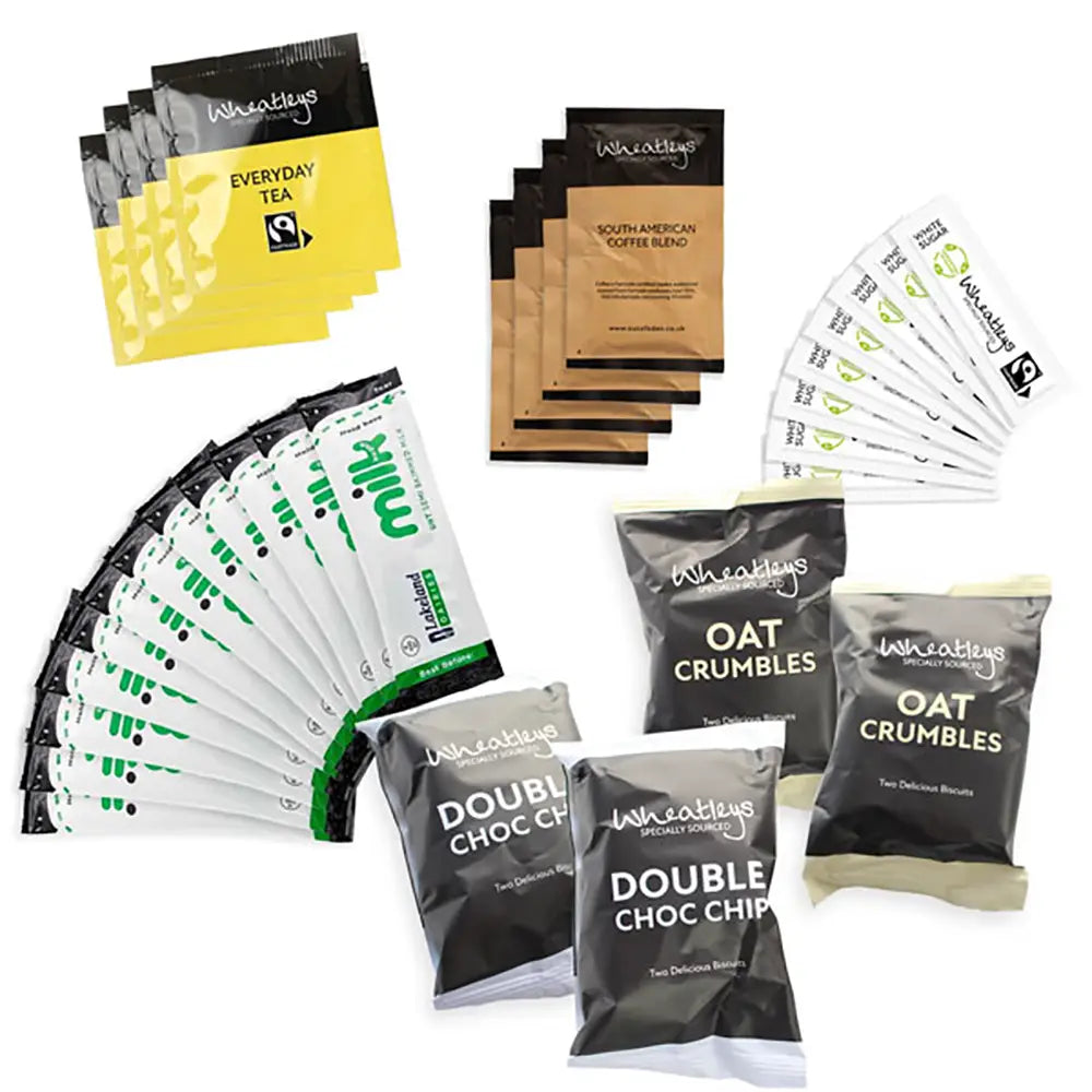 Assorted packages of products including tea, coffee, and baked goods on a white background to show contents of refreshment pack