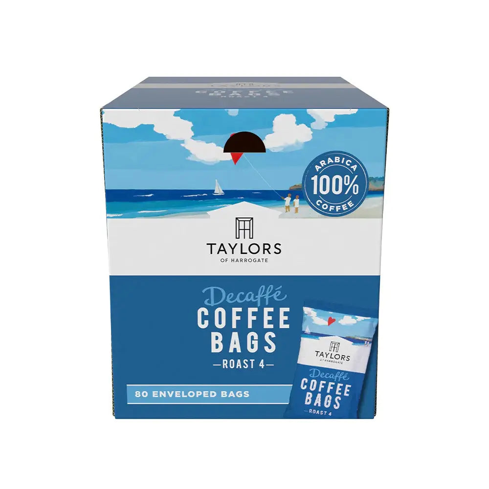 Box of Taylors decaffeinated coffee bags with a beach scene illustration on the packaging.