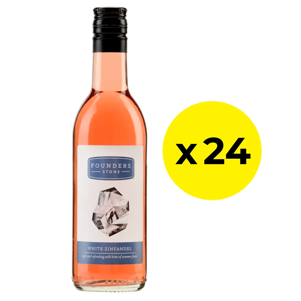 Bottle of Founders Stone White Zinfandel rose with a yellow circle and 'x24 pack' - White Zinfandel
Wine of USA
A soft and fruity rosé
10.5% ABV 